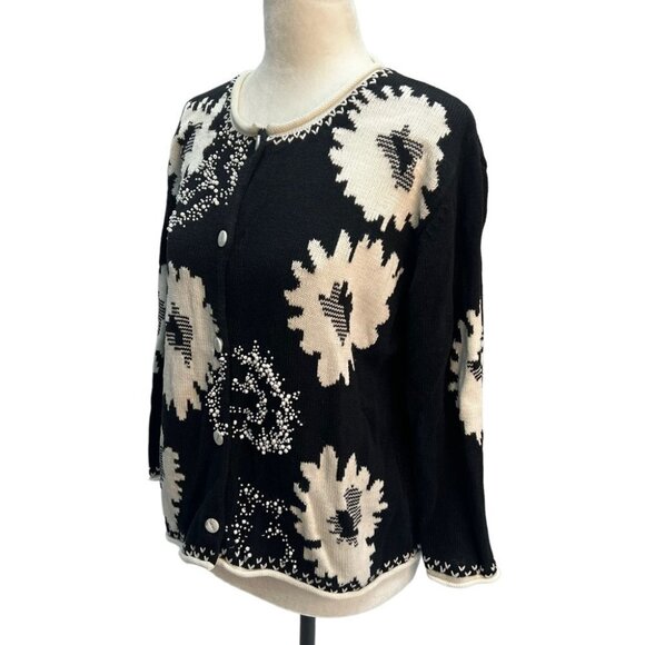 Rare! Vintage Black Floral Beaded Button Front Cotton Cardigan Sweater Size M - Picture 3 of 10